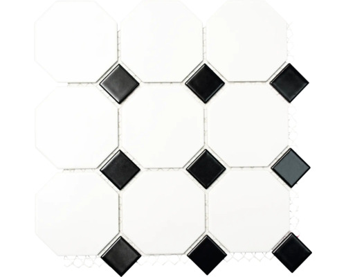 Mosaïque en céramique Octa blanc-noir 30x30 cm Mosaïque avec formes octogonales et carrées