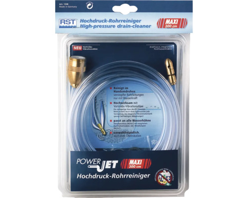 Kit de nettoyage de canalisations à haute pression avec deux embouts et un tuyau dans l''emballage