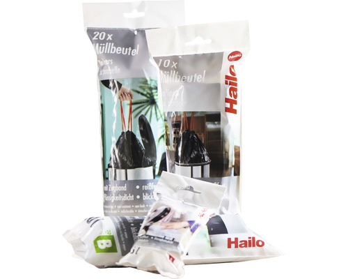 Verschiedene Packungen Hailo Müllbeutel mit Zugband