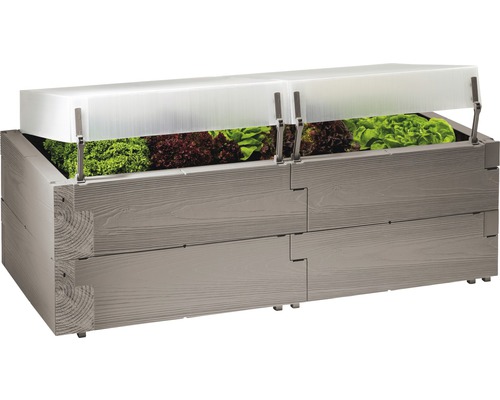 Hochbeet klassisch JUWEL Timber inkl. Thermohauben 130 x 60 x 52 cm Holzoptik Hochbeet aus Holz mit Salat und transparenter Abdeckung