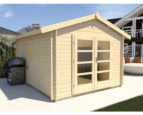 Abri de jardin en bois avec double porte et barbecue dans le jardin