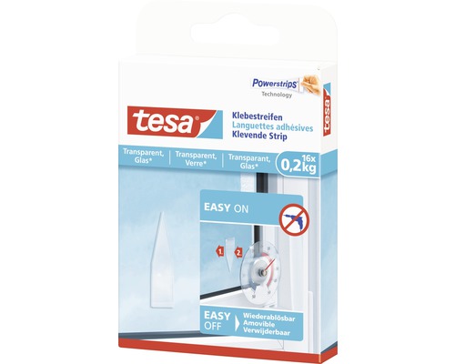 Tesa Powerstrips bandes adhésives pour verre, transparent, 16 pièces, capacité de charge jusqu''à 0,2 kilogramme