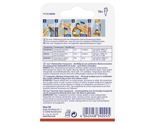 Tesa Bandes adhésives transparentes Recharge pour la réutilisation de crochets adhésifs transparents
