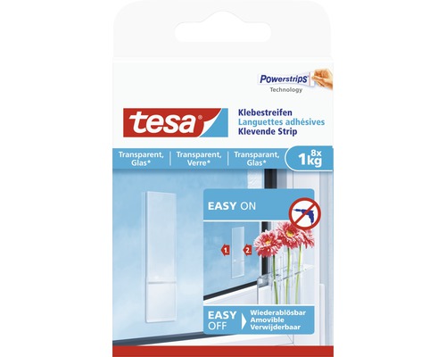 Languettes adhésives tesa® Powerstrips transparent pour verre charge 1 kg 8 pces