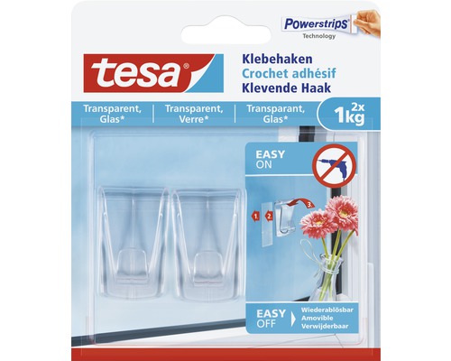 Tesa Klebehaken für Glas, geeignet für bis zu 1 Kilogramm, 2 Stück
