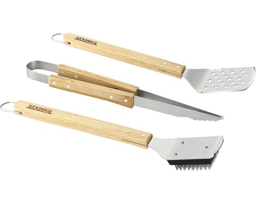 Dreiteiliges Grillbesteckset mit Grillzange, Grillwender und Grillbürste