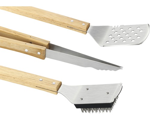 Grillbesteck Set mit Grillzange, Grillwender und Grillbürste mit Holzgriff