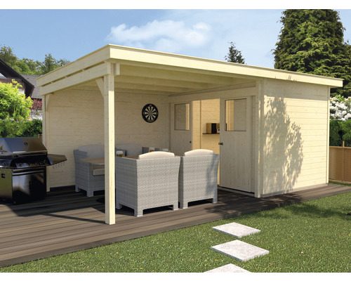 Gartenhaus weka Man Cave Play & Relax Gr.3 mit Fussboden und seitlicher Überdachung 619 x 336 cm natur