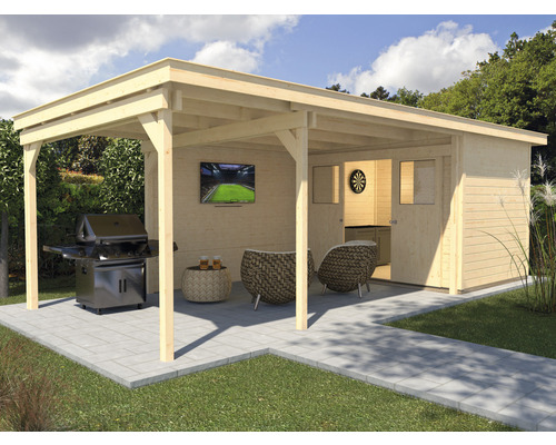 Abri de jardin weka Man Cave Play & Relax T4 avec plancher et toiture latérale 737x299 cm naturel