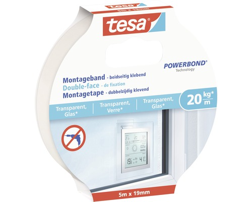 Tesa Montageband, doppelseitig klebend, transparent für Glas, Tragkraft 20 Kilogramm pro Meter