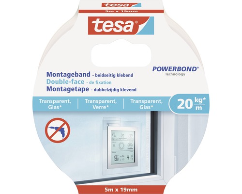 tesa® Montageband transparent für Glas 5 m x 19 mm Tesa Montageband transparent für Glas, 5 Meter mal 19 Millimeter