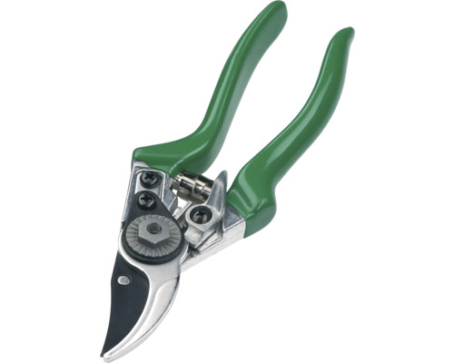 Sécateur avec poignées vertes et tête de coupe argentée