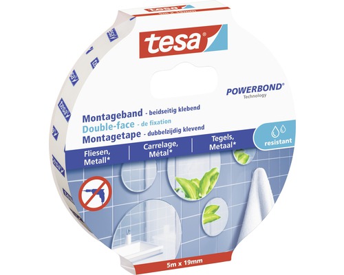 tesa® Montageband weiss für Fliesen feuchtraumbeständig 5 m x 19 mm Tesa Montageband für Fliesen und Metall, 5 Meter mal 19 Millimeter