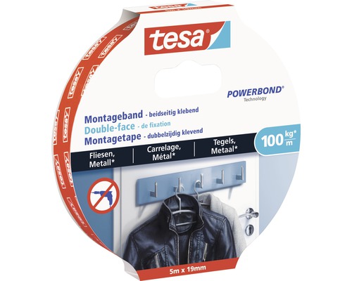 tesa® Montageband weiss für Fliesen 5 m x 19 mm Tesa Montageband Powerbond, doppelseitig klebend, 5 Meter mal 19 Millimeter, geeignet für Fliesen und Metall