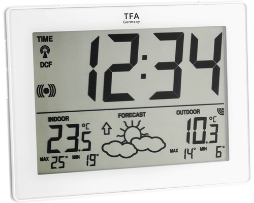 Station météo avec affichage de la température intérieure et extérieure et des prévisions météorologiques