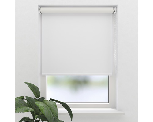Weisses Rollo am Fenster zur Lichtsteuerung und Privatsphäre.