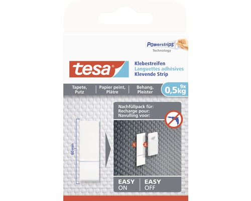 Tesa Powerstrips Klebestreifen Nachfüllpackung für Tapete und Putz, Tragkraft bis zu 0,5 Kilogramm