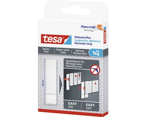 Ruban adhésif tesa® Powerstrips pour papier peint & enduit charge 1 kg 6 pces Tesa Powerstrips Recharges de languettes adhésives, paquet de 6, pour papier peint et crépi