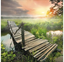 Hölzerne Fussgängerbrücke über einen Bach in ländlicher Umgebung bei Sonnenaufgang