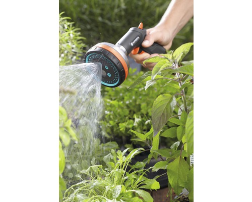 Une main tient une pomme de douche Gardena et arrose les plantes.