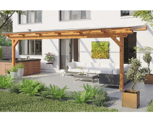 Toiture pour terrasse SKAN HOLZ Ancona 648x400 cm chêne clair Terrasse avec terrasse en bois et mobilier de jardin devant une maison