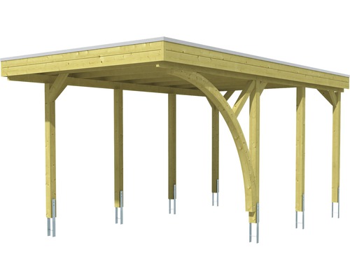 Carport en bois avec toit plat sur ancrages métalliques