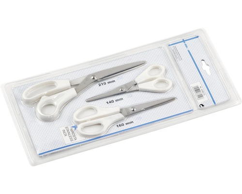 Ensemble de trois ciseaux de tailles différentes dans un emballage transparent.