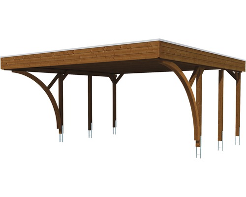 Carport en bois avec toit plat et poteaux en acier