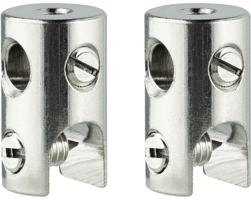 Zwei Seilklemmen aus Metall mit Schrauben