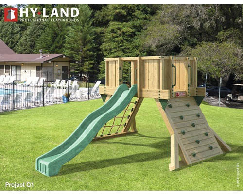Tour de jeux Hyland Projekt Q1 bois avec mur d'escalade, toboggan vert