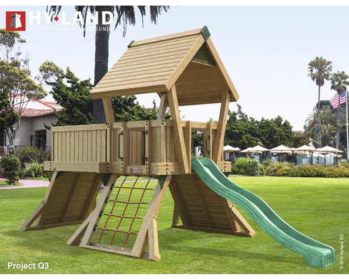 Spielturm Hyland Projekt Q3 Holz mit Kletterwand, Rutsche grün