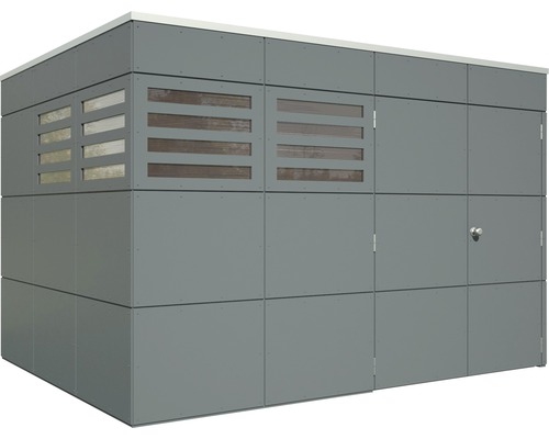 Abri de jardin gris avec porte et fenêtres