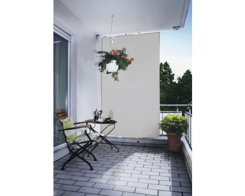 Voile d'ombrage verticale gris clair avec protection contre la pluie 230x140 cm Balcon avec store enrouleur de protection visuelle, table, chaise et décoration