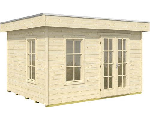 Holzgartenhaus mit zwei Fenstern und Doppeltür