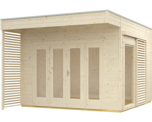Holzgartenhaus mit Fenstern und Schiebetür