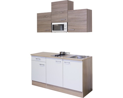 Komplette Küchenzeile mit Spüle, Kochfeld, Mikrowelle und Schränken