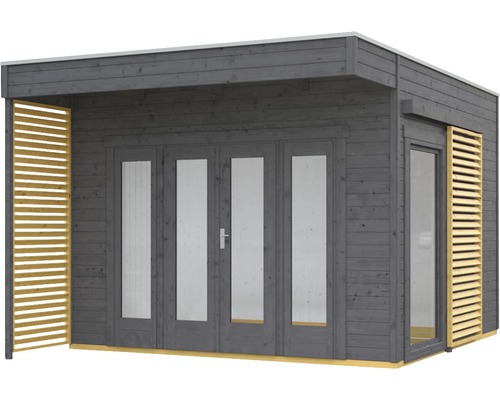 Gartenhaus aus Holz mit Flügeltüren und Lamellenwand