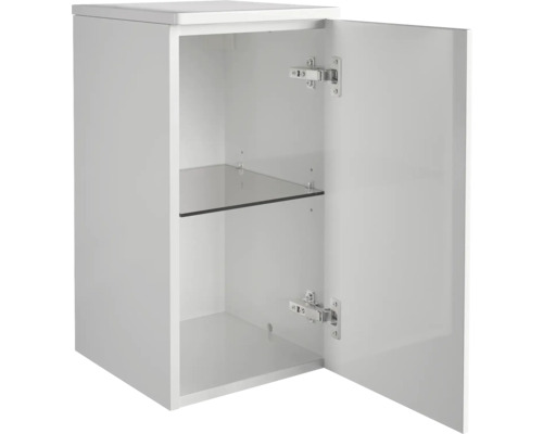 Armoire suspendue blanche avec porte ouverte et étagère en verre