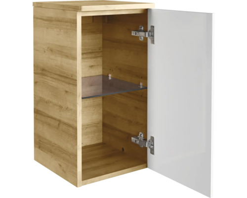 Armoire suspendue couleur bois avec porte ouverte et étagère en verre