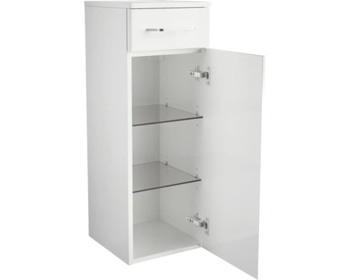 Meuble de salle de bain blanc avec tiroir et porte ouverte, présentant deux étagères en verre.