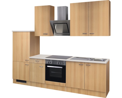 Cuisine équipée avec armoires, hotte aspirante, évier et cuisinière électrique