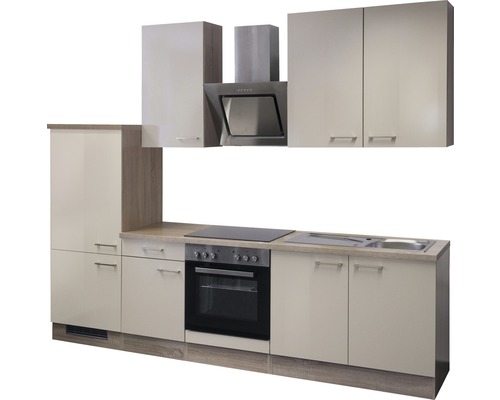 Cuisine complète avec éléments hauts, hotte aspirante, évier, plaque de cuisson et four