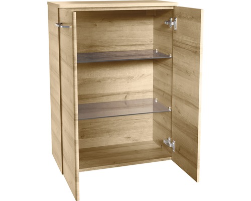 Offener Holzunterschrank mit zwei Regalböden aus Glas