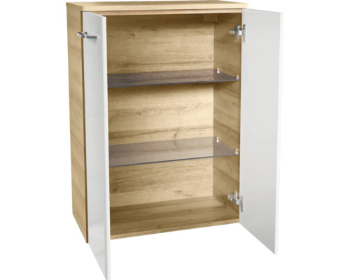 Meuble de salle de bain ouvert avec deux étagères en verre