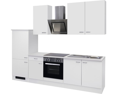 Cuisine complète avec évier, cuisinière, four et hotte aspirante.