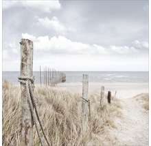 Dekoratives Strandmotiv mit Holzpfosten und Seil im Vordergrund