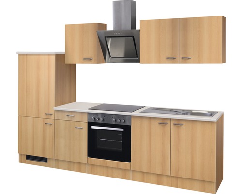 Cuisine équipée avec meubles hauts, hotte aspirante, cuisinière et évier