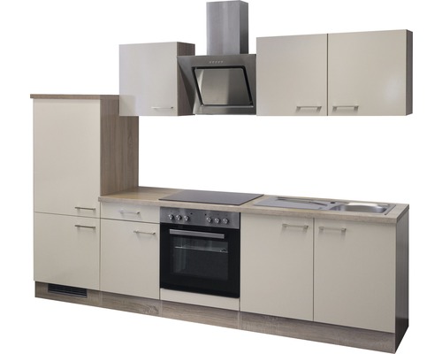 Küchenzeile mit Hängeschränken, Dunstabzugshaube, Spüle und Elektrogeräten