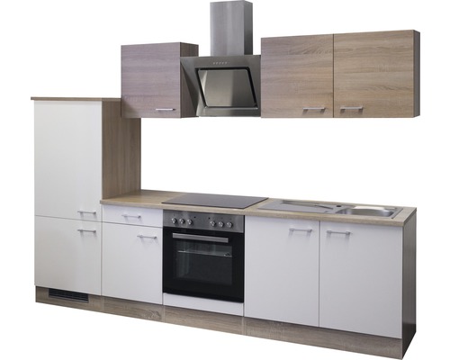 Cuisine équipée complète avec éléments hauts, hotte aspirante, évier, plaque de cuisson et four