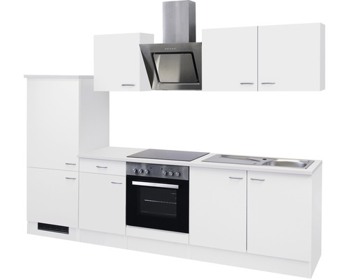 Küchenzeile mit Spüle, Herd, Backofen, Dunstabzugshaube und weißen Schränken